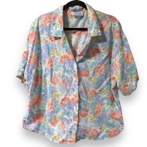 Vintage Pastel Floral Button Down Short Sleeve Shirt Women’s Plus Size 20W